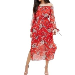 River Island Red Floral & Flowy Off-Shoulder Women's Dress in Size 6